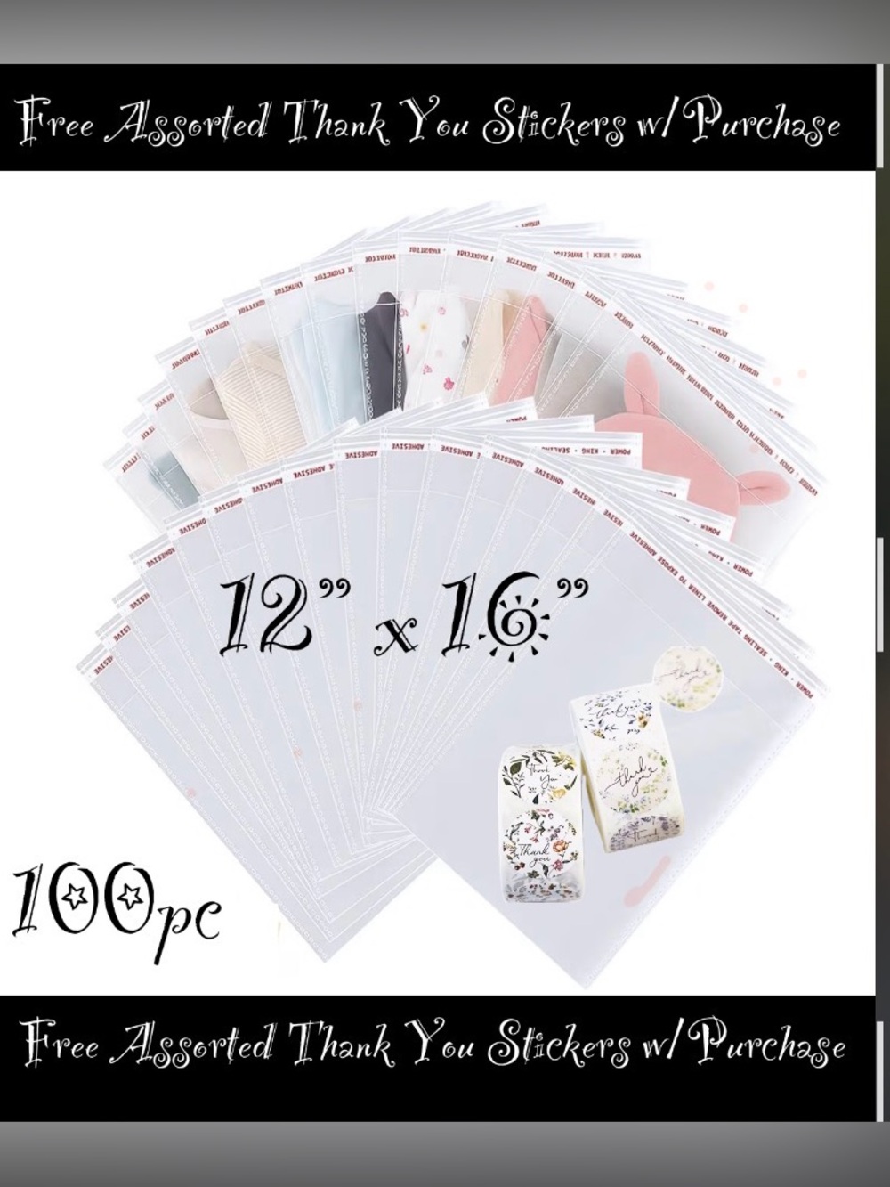 12 x 16” Large Resealable Cellophane Bags 100ct W/100-Free Thank You Stickers🌿🆕🌿